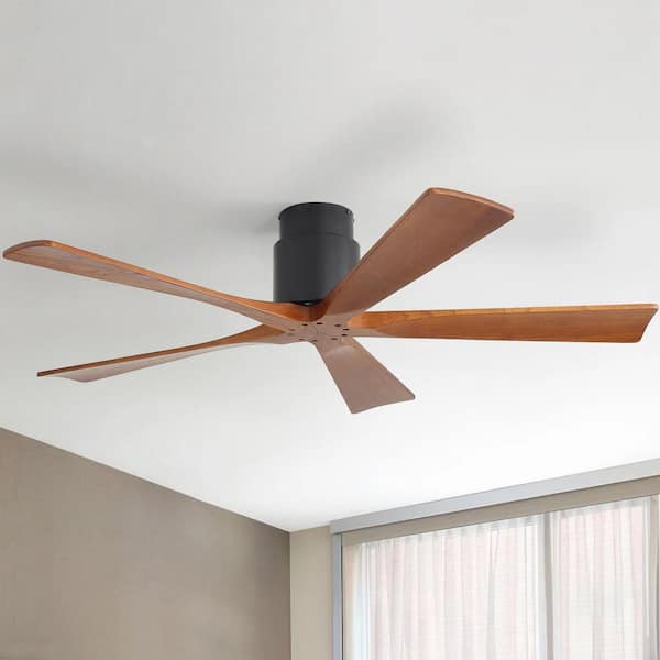 52 in. Indoor/Outdoor Matte Black Modern Ceiling Fan with 5-Wood Fan Blades and DC Motor Downrod Remote Included