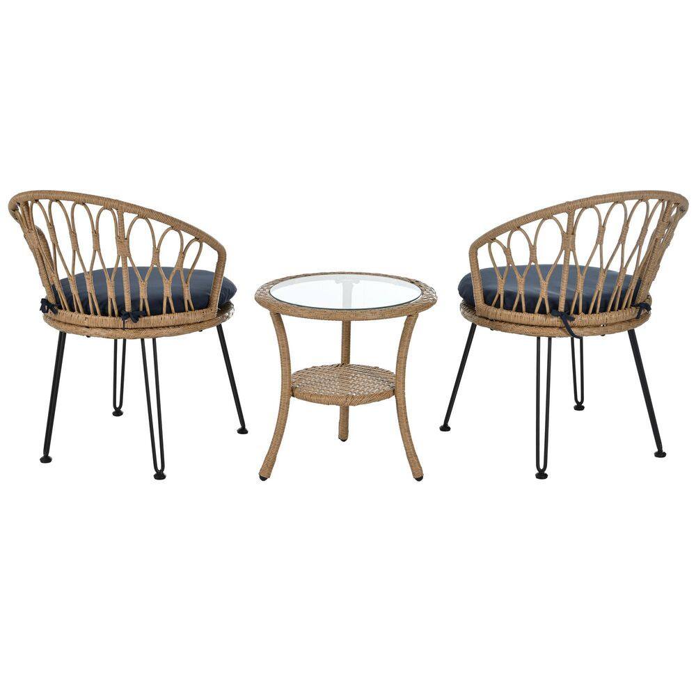 3-Piece Natural Wicker Outdoor Patio Conversation Set with Dark Blue Cushions price history on PriceWatchPro