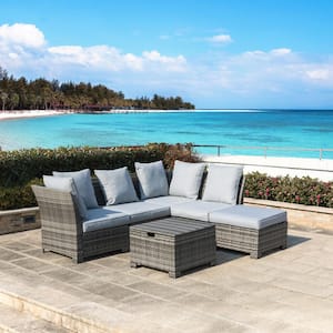 6-Piece Wicker Outdoor Patio Conversation Set with Gray Cushion's