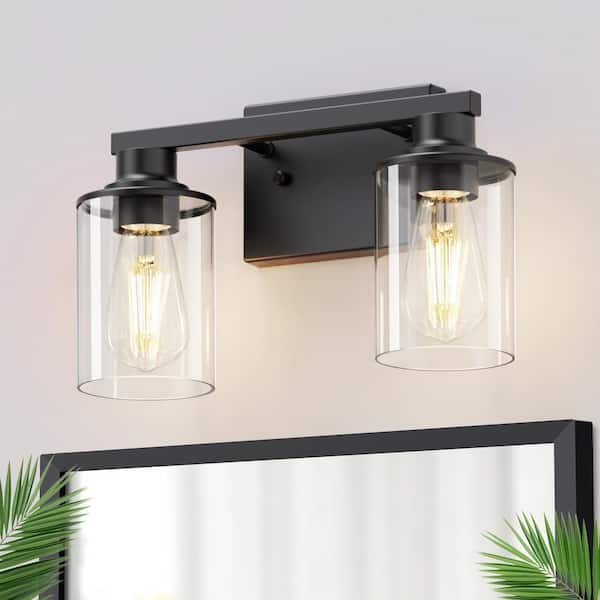 14 in. 2-Light Matte Black Bathroom Vanity Light with Clear Glass Shades, Modern Light Fixture Over Mirror