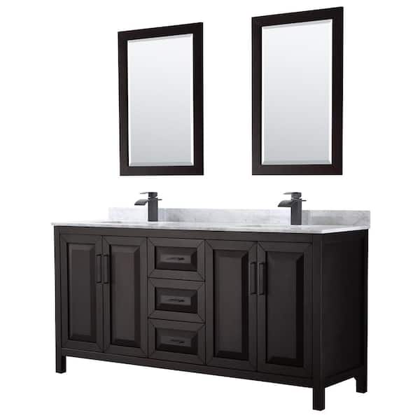 Wyndham Collection Daria 72 in. W x 22 in. D x 35.75 in. H Double Bath Vanity in Dark Espresso w/ White Carrara Marble Top, 24 in. Mirrors