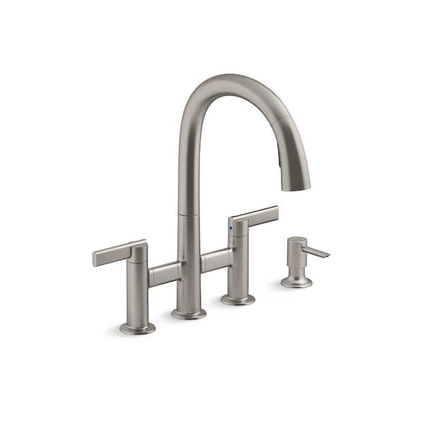 KOHLER Otira 2-Handle Bridge Pull-Down Kitchen Faucet with Soap Dispenser and Sweep Spray in Vibrant Stainless