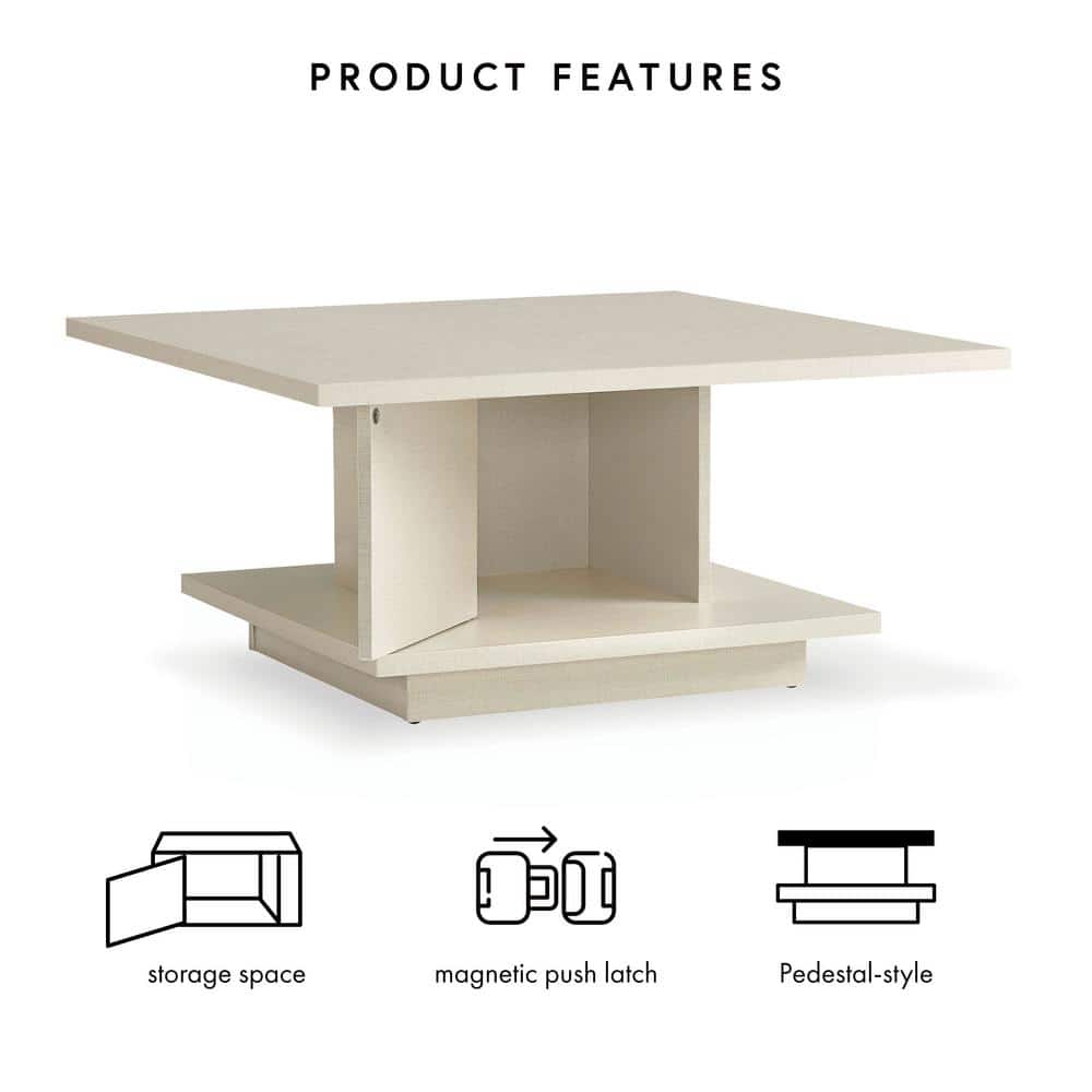 Cream Weave Square Wood Coffee Table with Hidden Storage