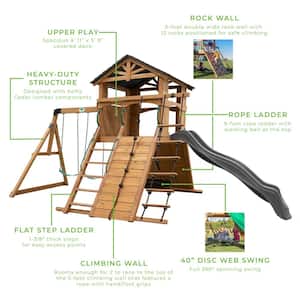 Endeavor All Cedar Wood Children Swing Set Playset with Elevated Clubhouse Climbing Wall Swings Web Swing and Gray Slide