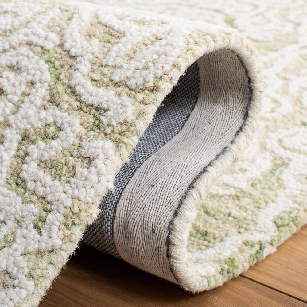Ivory and Light Green Floral Wool Handmade Rug, 5' x 8'