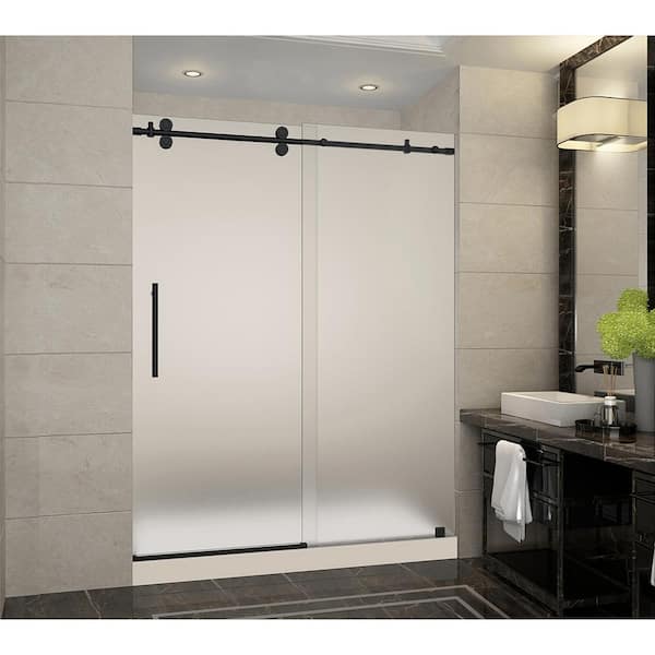 Aston Langham 60 in. x 32 in. x 77.5 in. Frameless Sliding Shower Door with Frosted Glass in Matte Black, Middle Drain