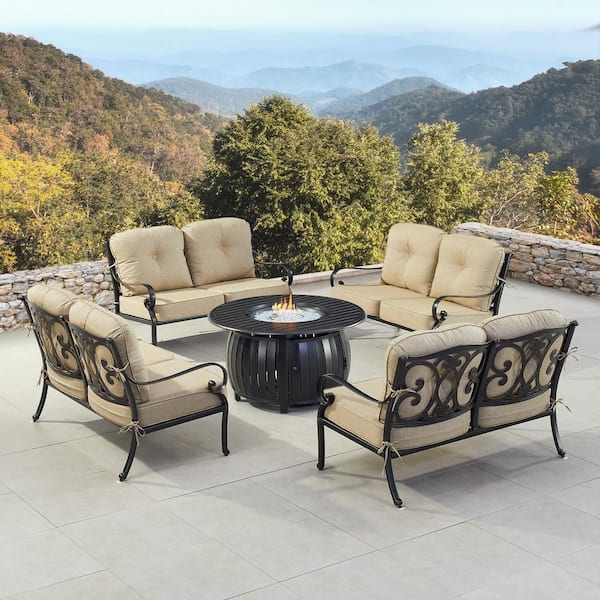 Black Aluminum Fire Table Set with 4-Deep Seating Loveseats