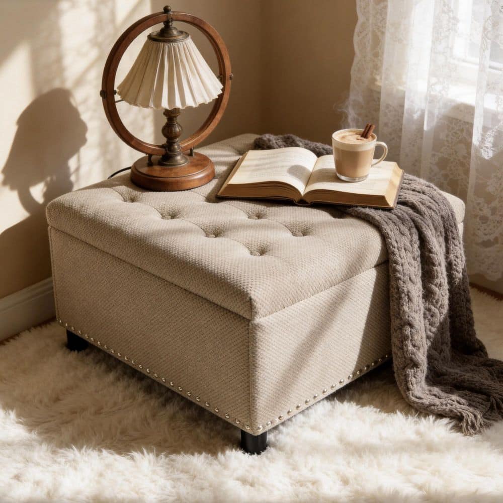 Peyton Brown 30 in. Square Storage Ottoman, Nailhead Trim Ottoman, Tufted Footstool, Upholstered Coffee Table, Camel