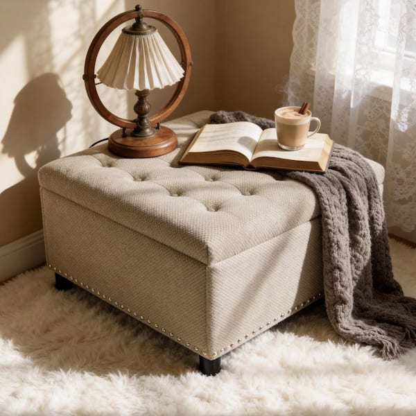 Peyton Brown 30 in. Square Polyester Storage Ottoman, Nailhead Trim Ottoman, Tufted Footstool, Coffee Table, Camel