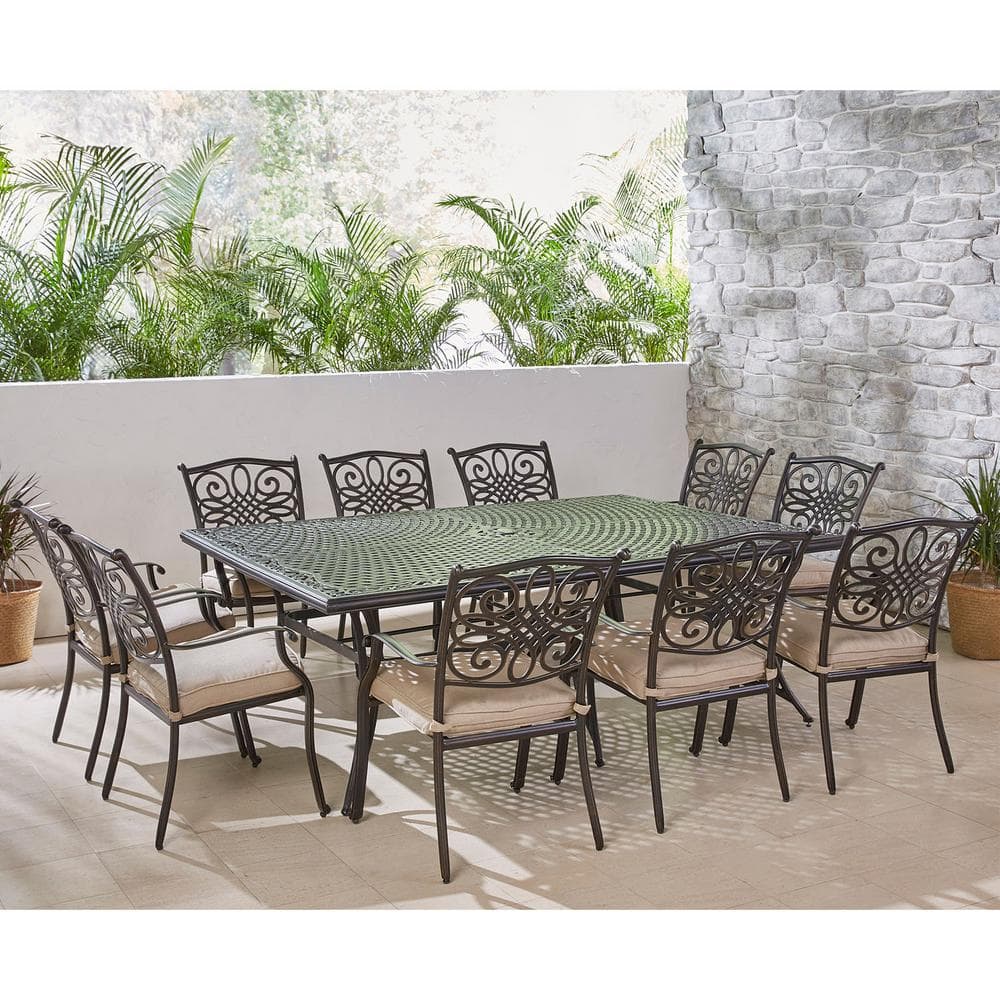 Hanover Traditions 11-Piece Aluminum Outdoor Dining Set with Tan Cushions