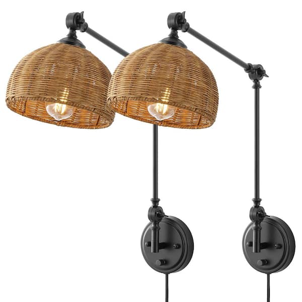 1-Light Indoor Swing Arm Wall Lamp with Rattan Lamp Shade (Set of 2)