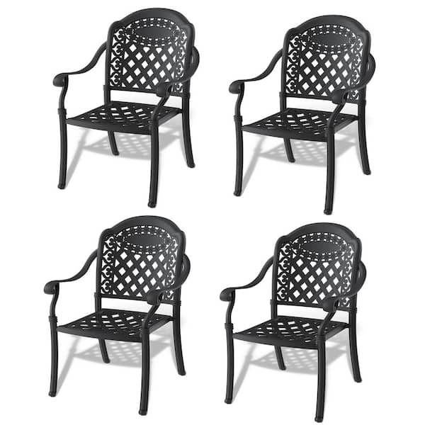 4 -Piece Cast Aluminum Patio Dining Chair with Random Colors Cushions and Black Frame (4-Pack)