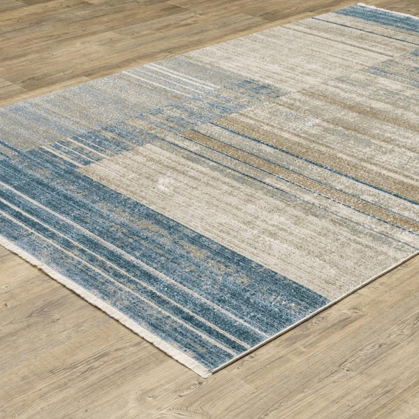 Brooker Blue/Beige 2 ft. x 8 ft. Distressed Geometric Stripe Recycled PET Yarn Indoor Runner Area Rug