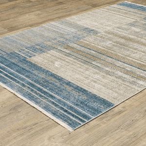 Brooker Blue/Beige 5 ft. x 8 ft. Distressed Geometric Stripe Recycled PET Yarn Indoor Area Rug