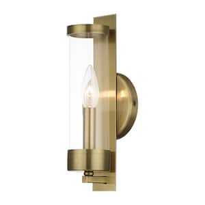 Mayfield 12 in. 1-Light Antique Brass ADA Wall Sconce with Clear Cylinder Glass