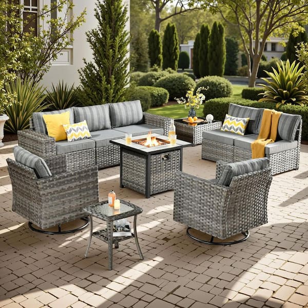 Baldwin Gray 10-Piece Wicker Wide Arm Outdoor Patio Sofa Sectional Set with Square Fire Pit and Gray Striped Cushions