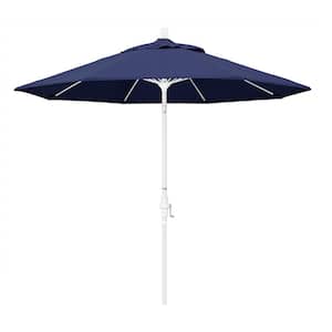 9 ft. Fiberglass Market Collar Tilt M White Patio Umbrella in Navy Blue Olefin
