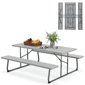 72 in. Gray Rectangle Metal Picnic Tables Seats 8 with Umbrella Hole
