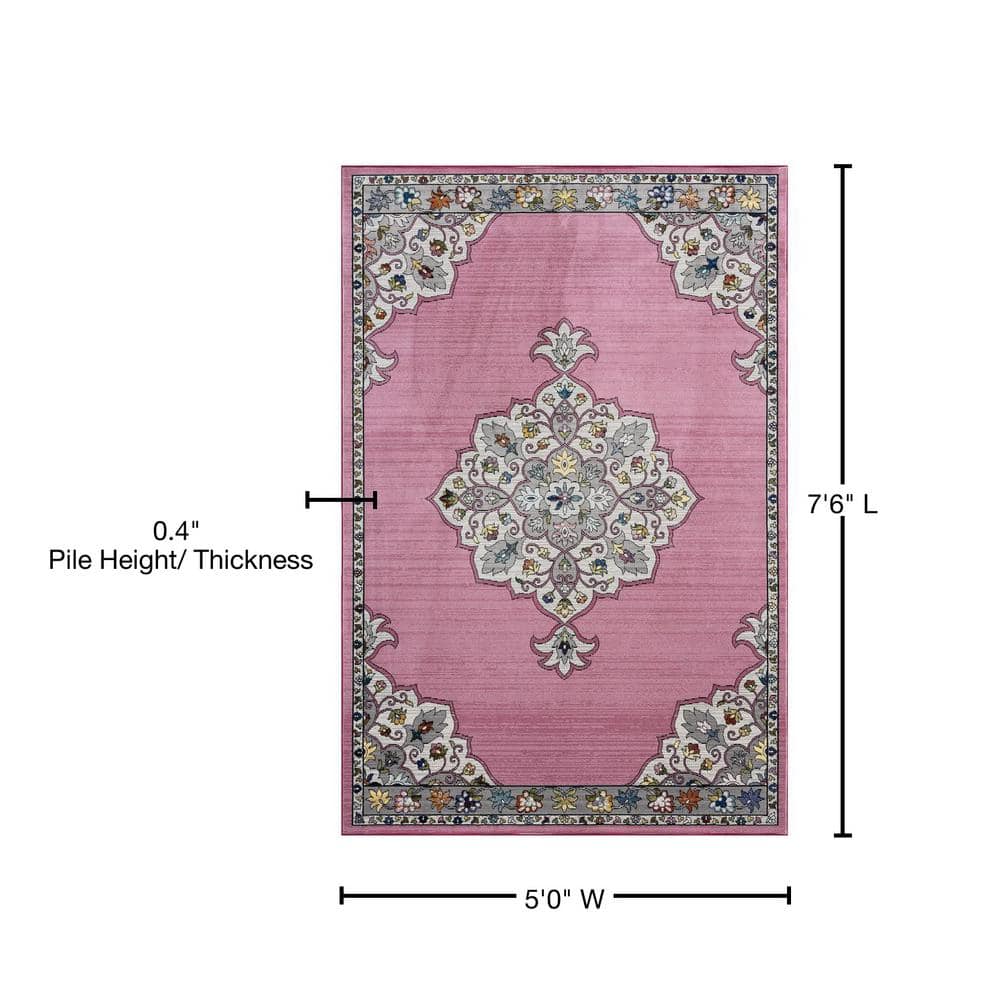 Ada Pink and Gray Medallion Synthetic 5' x 7'6" Area Rug