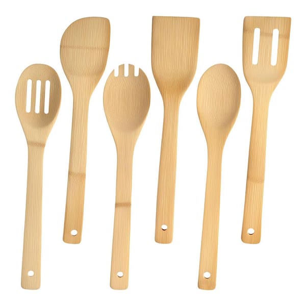Natural Bamboo Finish Wooden Kitchen Utensils Nonstick Cooking Spoon and Spatula Accessory Set with 6-Piece