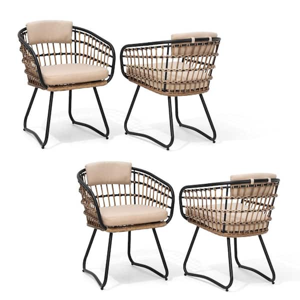Pellebant Outdoor Patio Wicker Dining Chairs PE Rattan Seating Set with Beige Cushion (Set of 4)