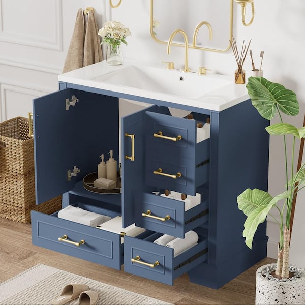 Tenleaf 36 in. W Single Sink Freestanding Bath Vanity in Blue with White Resin Top and 4 Drawers, Soft Closing Doors