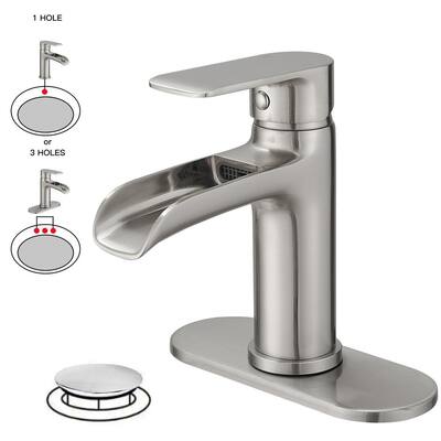 Single Handle Waterfall Single Hole Bathroom Faucet in Brushed Nickel with Deck Plate and Drain