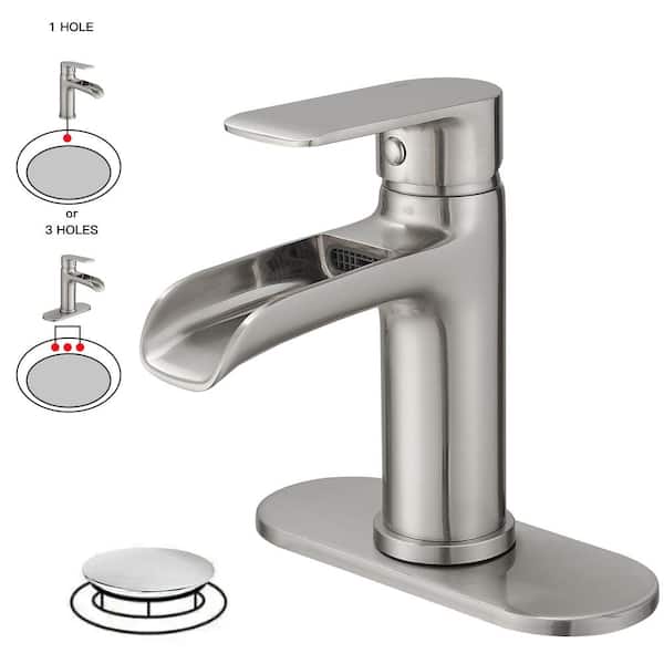 Single Handle Waterfall Single Hole Bathroom Faucet in Brushed Nickel with Deck Plate and Drain