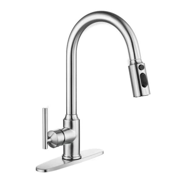 IVIGA 3 Patterns Stainless Steel Single Handle Pull Down Sprayer Kitchen Faucet with Flexible Hose and Deckplate in Nickel