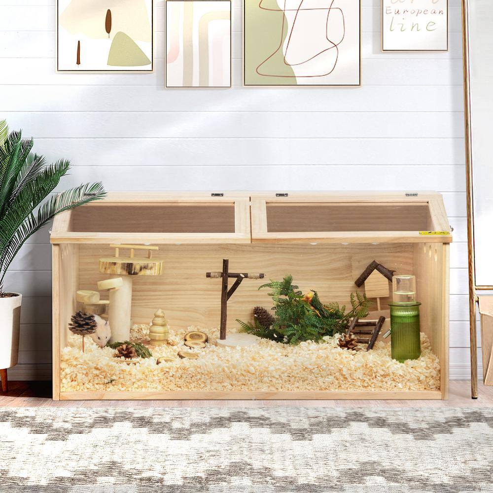 Natural Pinewood Hamster Cage with Acrylic Roof and Panels