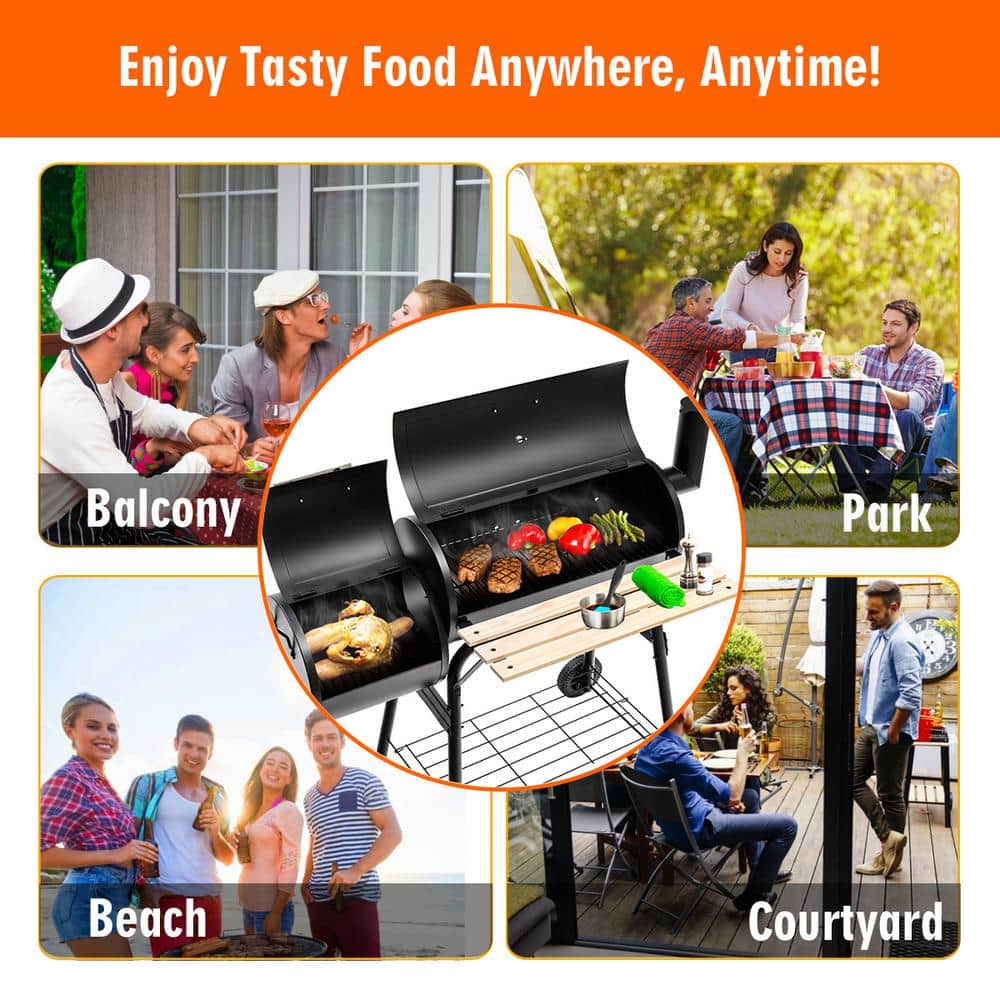 Black Steel Offset Charcoal Grill with Smoker and Wooden Shelf