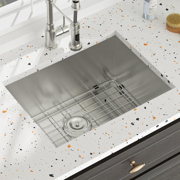 24 in. Undermount Single Bowl 16 Gauge Brushed Nickel Stainless Steel Kitchen Sink with Bottom Grids