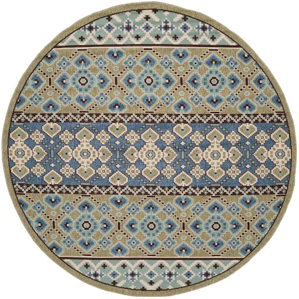 SAFAVIEH Veranda Green/Blue 7 ft. x 7 ft. Round Border Indoor/Outdoor Patio  Area Rug