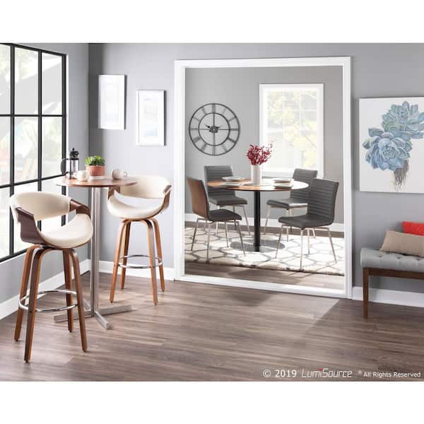 Curvini 40 in. Cream Fabric and Walnut Wood High Back Bar Stool with Round Chrome Footrest (Set of 2)