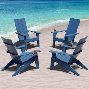 Oversize Modern Navy Plastic Outdoor Patio Adirondack Chair with Cup Holder (4-Pack)