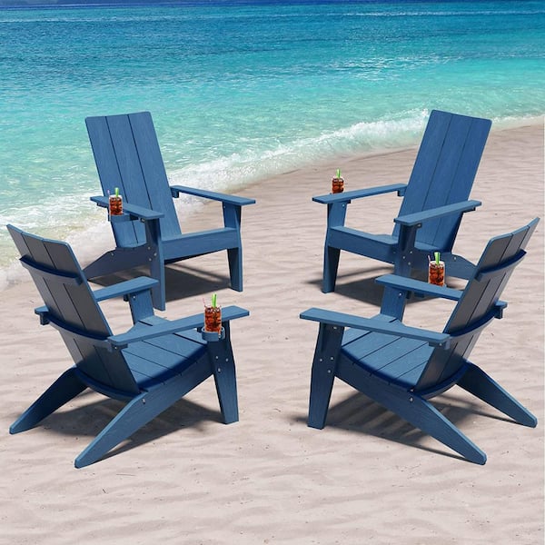 Mximu Oversize Modern Navy Plastic Outdoor Patio Adirondack Chair with Cup Holder (4-Pack)