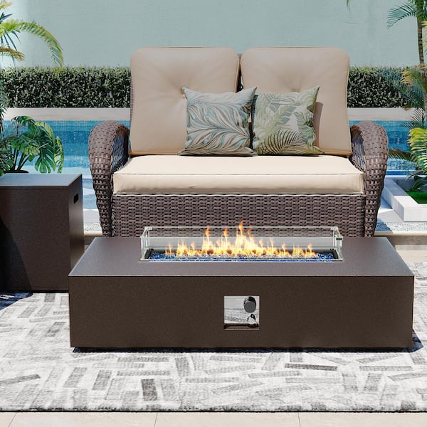 56 in. Rectangular lron Outdoor Fire Pit Table with Tank Cover, Lid, Wind Guard and Rain Cover in Brown