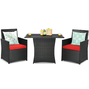 3-Piece Wicker Patio Conversation Set with Red Cushions and Glass-top Table