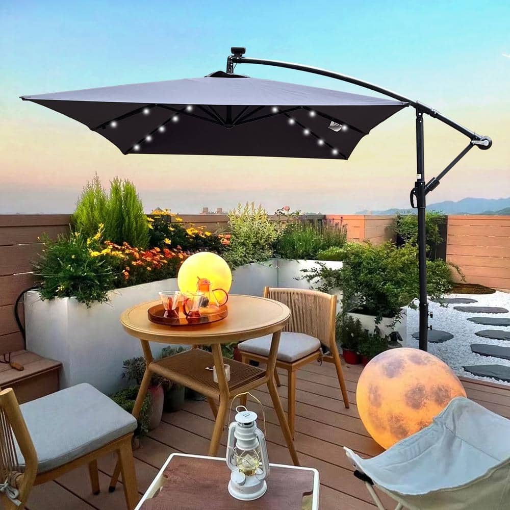 10 ft. Steel Market Solar LED Lighted Tilt Patio Umbrella in Anthracite wit