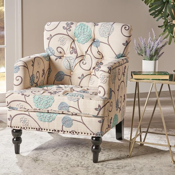Noble House Malone White/Blue Floral Fabric Club Chair with Nailhead Trim (Set of 1)