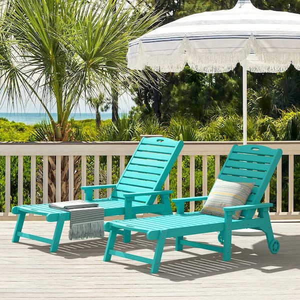 LUE BONA Hampton Aruba Blue Plastic Outdoor Chaise Lounge Chair with Adjustable Backrest Pool Lounge Chair and Wheels Set of 2