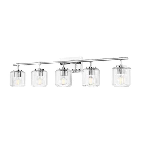 Landon 42 in. 5 Light Chrome Vanity Light with Clear Ribbed Glass Shades