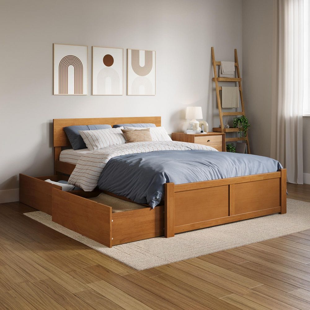 Orlando Light Toffee Natural Bronze Solid Wood Frame Full Platform Bed with Footboard and Storage Drawers
