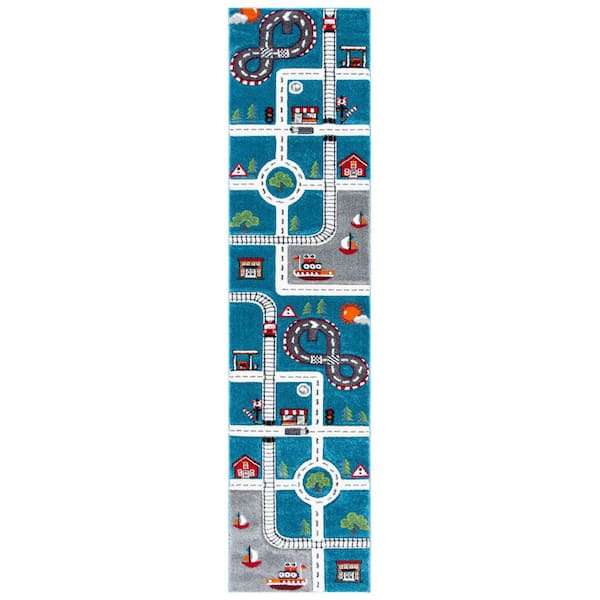 Carousel Kids 2 ft. x 10 ft. Turquoise/Ivory Geometric Runner Rug