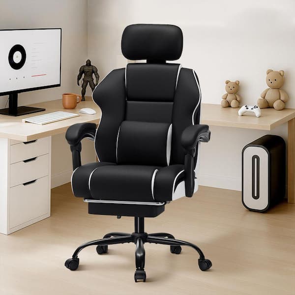 Faux Leather Executive Office Chair with Adjustable Headrest Ergonomic Computer Chair in Black with Armrests