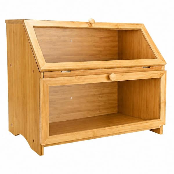 1 Piece Natural Bamboo Double Layer Bread Box with See Through Window for Kitchen Countertop Storage