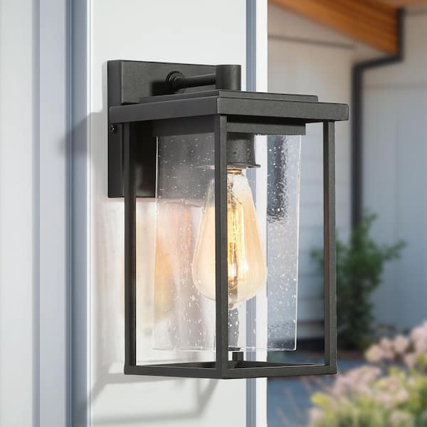 LNC Modern Black Outdoor Wall Sconce 1-Light Rustic Cage Wall Lantern for Patio with Square Seeded Glass Shade
