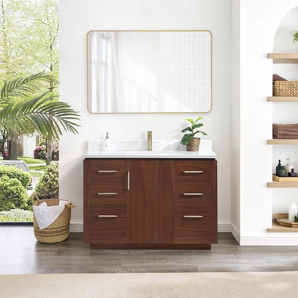 ROSWELL San 48 in.W x 22 in.D x 33.8 in.H Single Sink Bath Vanity in Natural Walnut with White Composite Stone Top