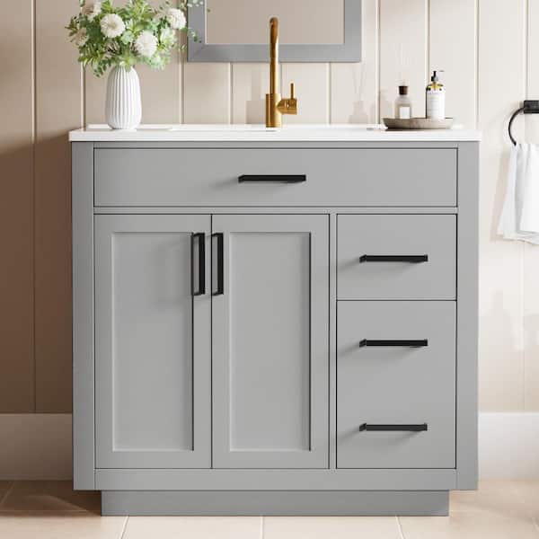 36 in. Gray Wood Single Sink Freestanding Bathroom Vanity with White Ceramic Top