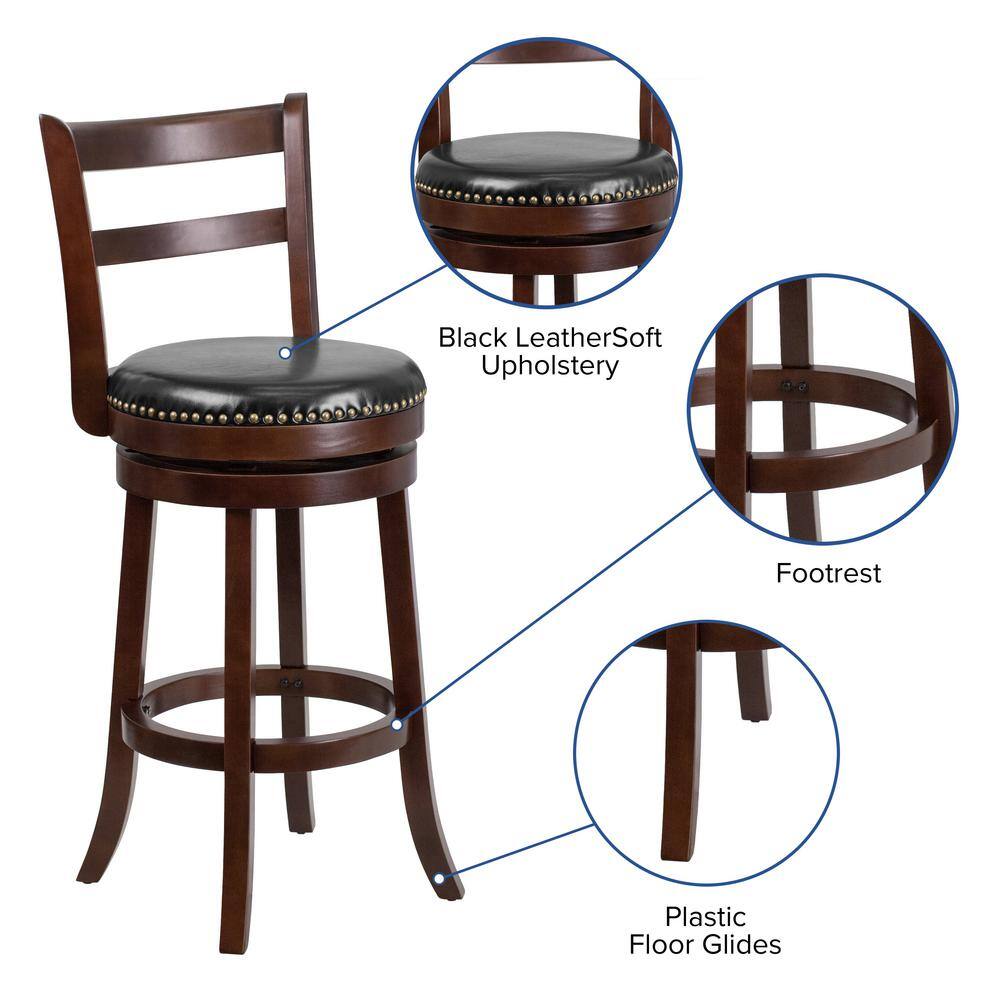 Elegant Cappuccino Wood Barstool with Black Leather Swivel Seat